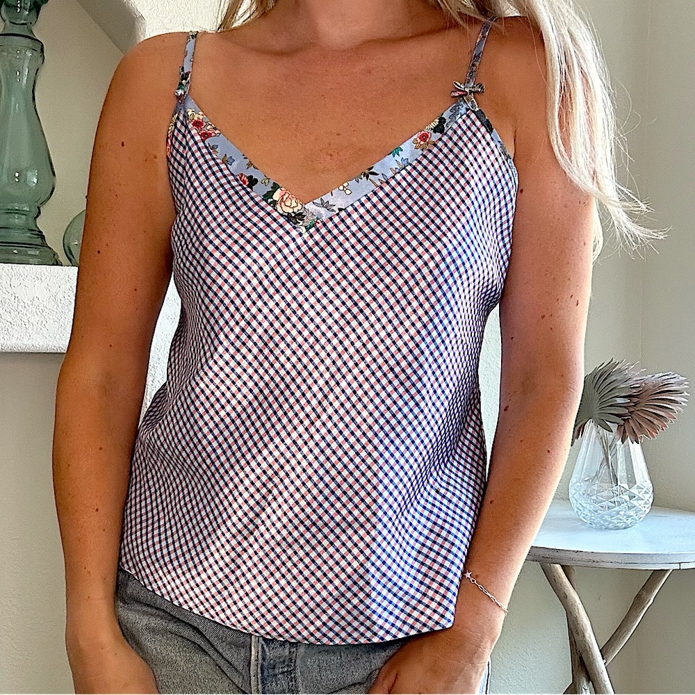 Y2K Cruz patterned satin cami with gingham bodice and floral adjustable straps